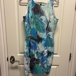 Sleeveless Marble-Print Midi Dress in Blue & Teal